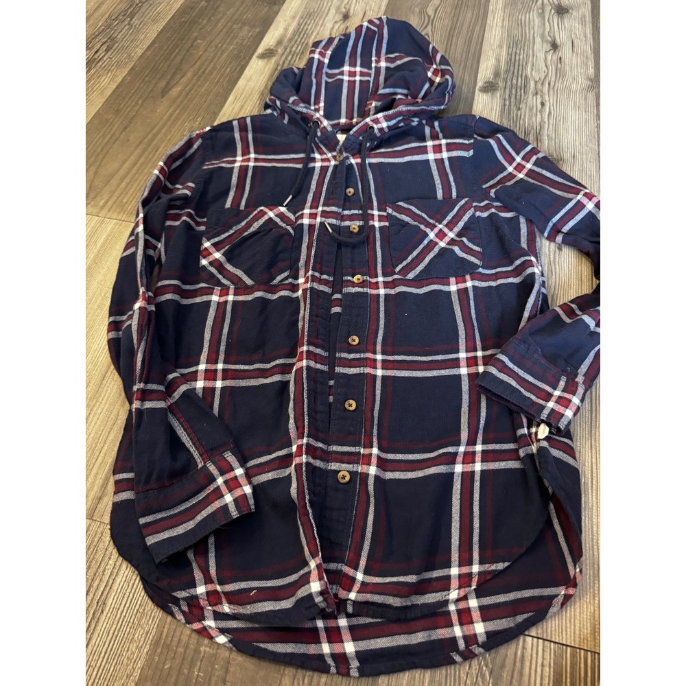 Garage Boyfriend Fit Hooded Flannel Shirt Navy Blue Red Plaid Cotton Small